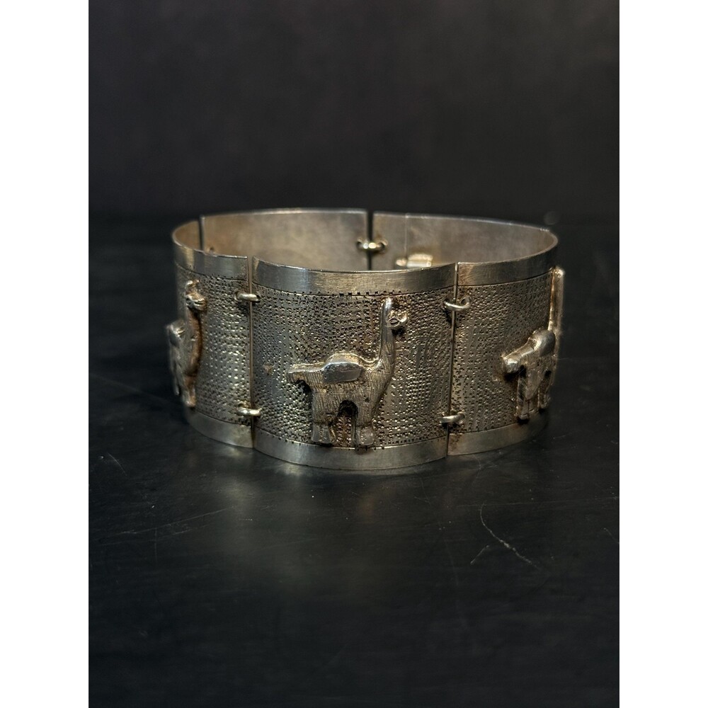 Vintage 925 Sterling Silver Llama Panel Link Bracelet 54g Andean Style